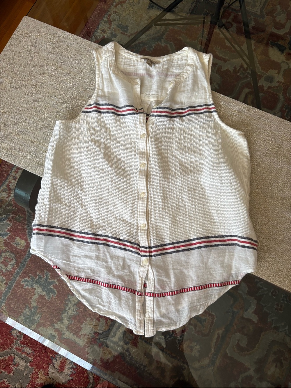 Lucky Brand White Sleeveless Button Front Blouse with Red & Black Stripes - Picture 6 of 7